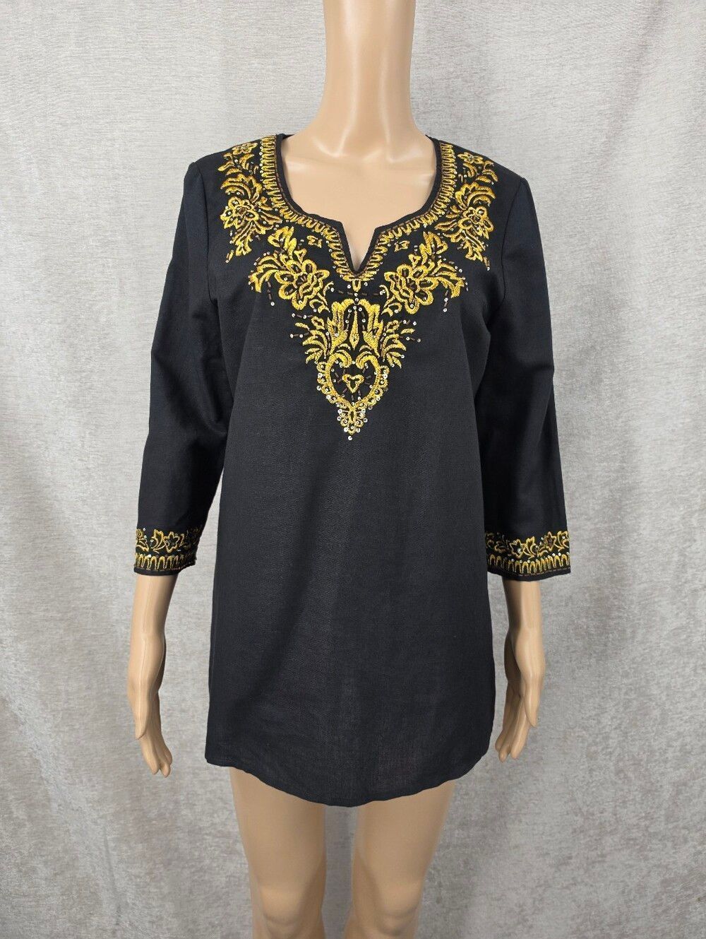 Linen Cotton Vintage Black Tunic with Gold Embroidered and Beaded Neckline